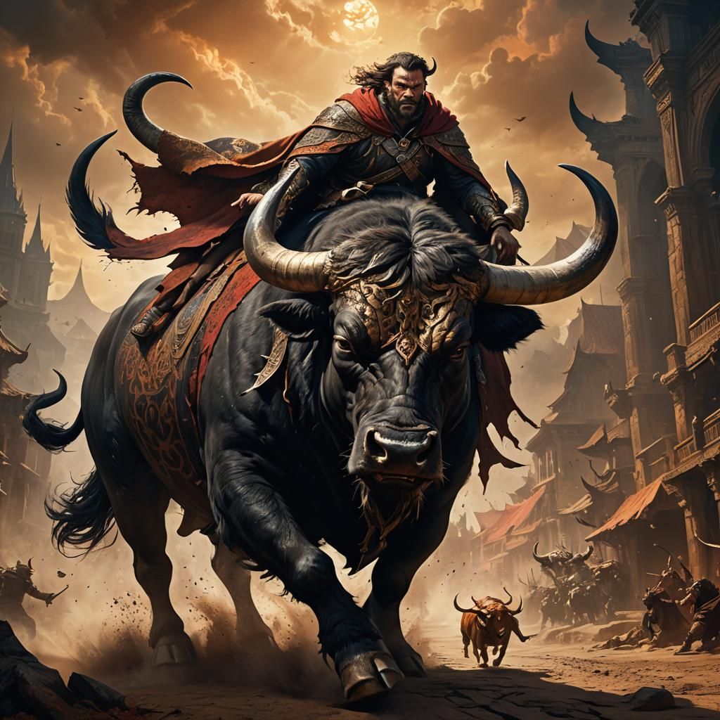 Menacing Rider on Ferocious Bull: Dark Fantasy Art