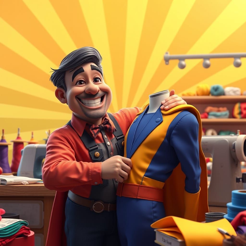 Joyful Tailor Creates Vibrant Superhero Costume in 3D Animat...