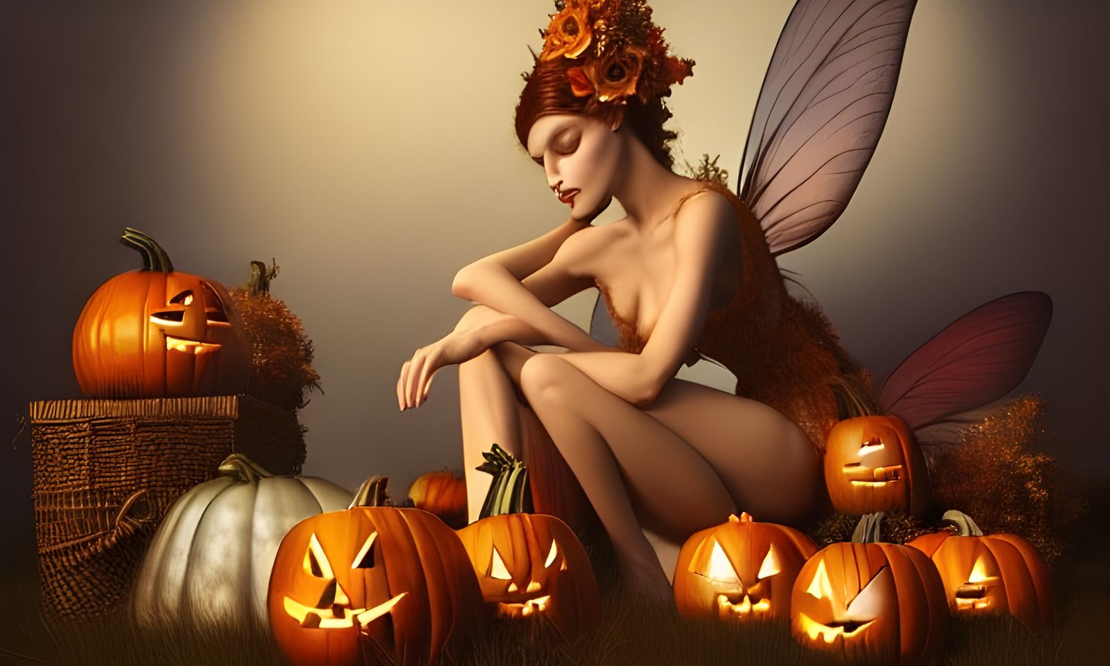 Fairy on Pumpkin Pile: Photorealistic Digital Art
