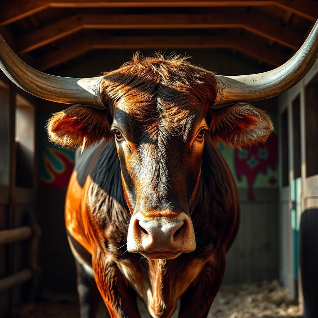 Majestic Longhorn Bull in Rustic Stable