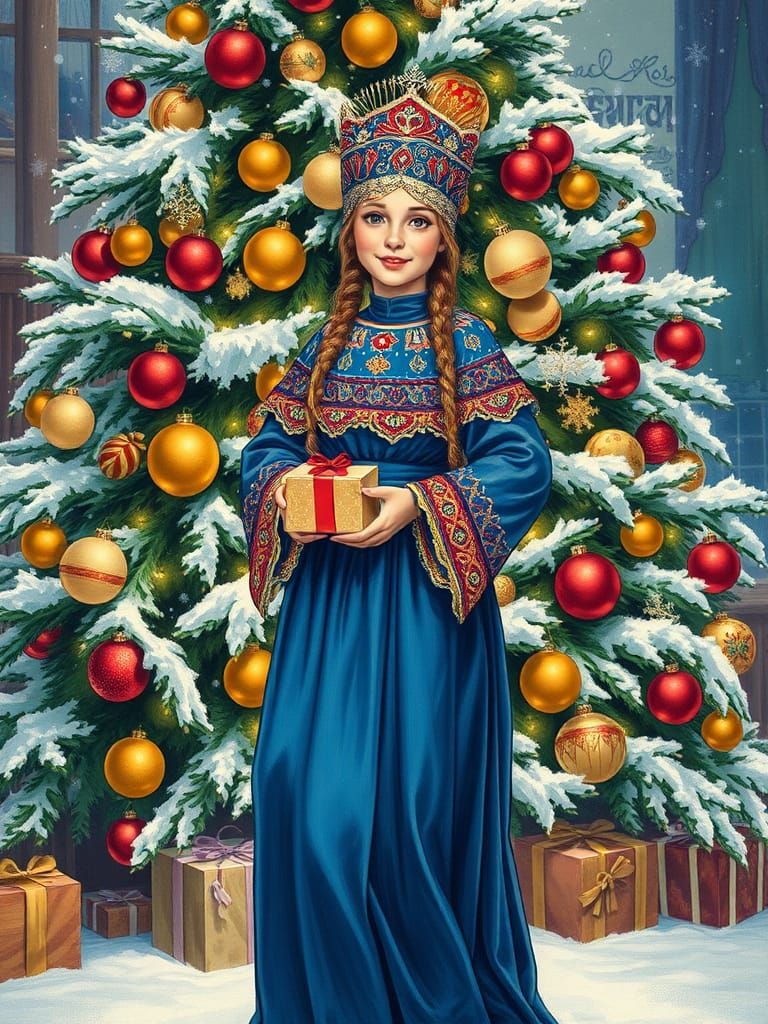 Slavic Snow Maiden in Kokoshnik: Charcoal Drawing