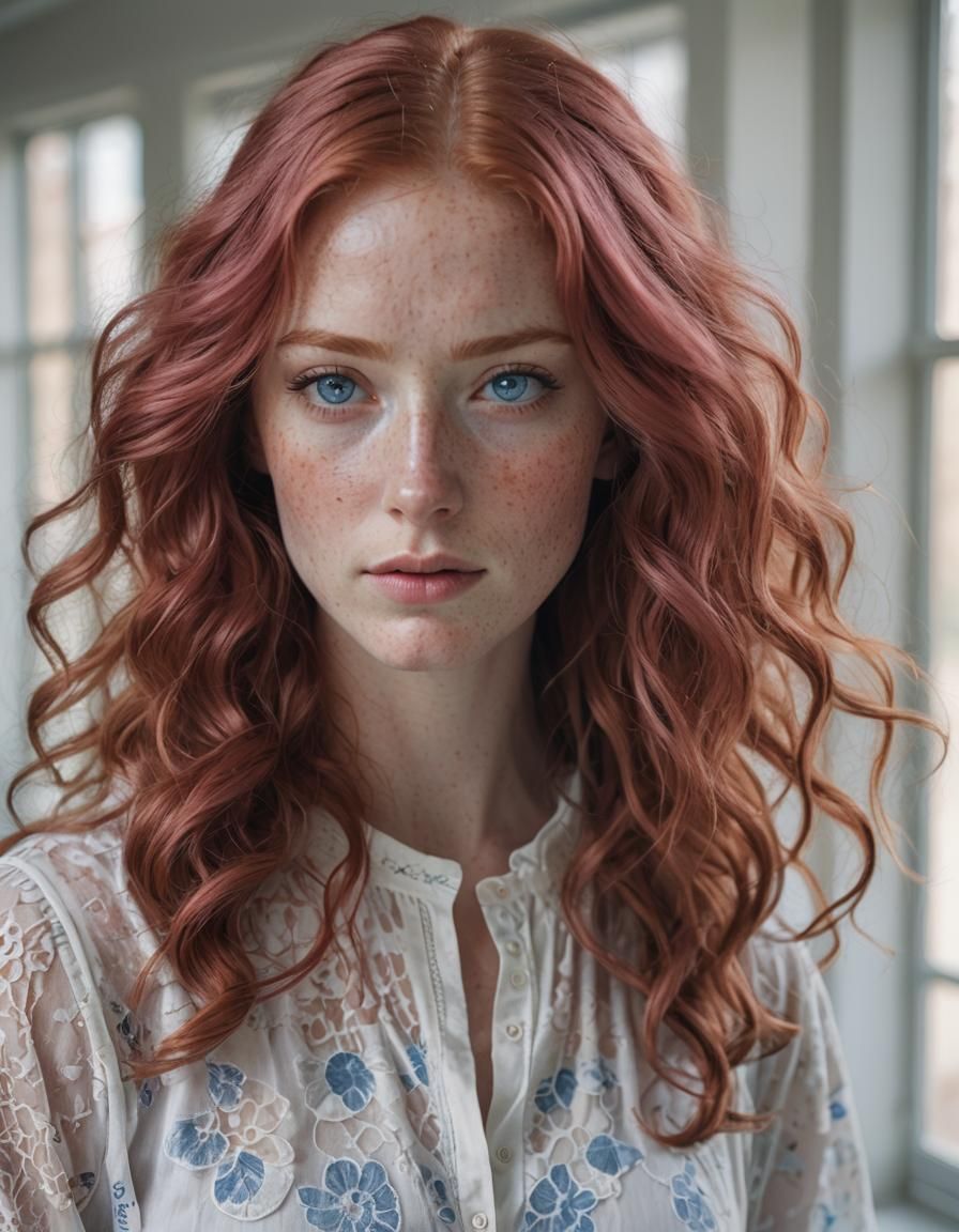 Young Woman with Reddish-Pink Hair and Blue Eyes