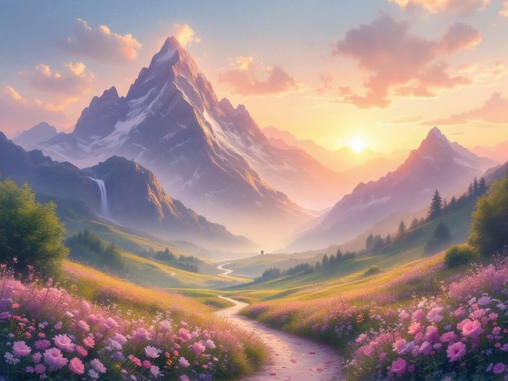 Ethereal Mountain Range at Sunset in Dreamy Impressionistic ...