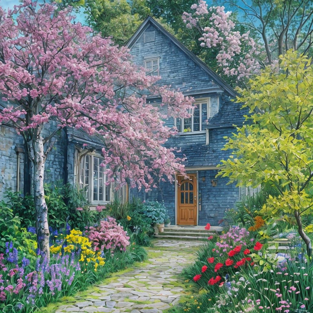 Charming Cottage Bursting with Blossoms as Oil Painting