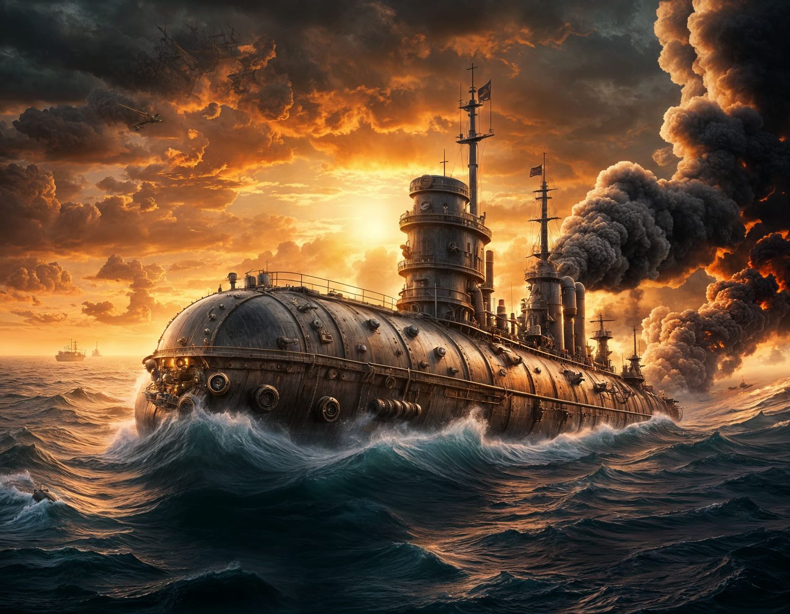 Steampunk Submarine Attacks Burning Battleship