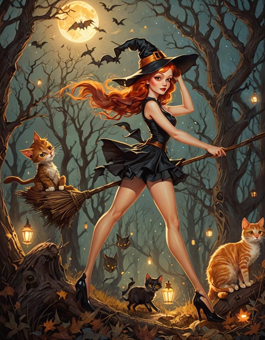 Redhead Witch in Dark Wood: Pin-Up Art