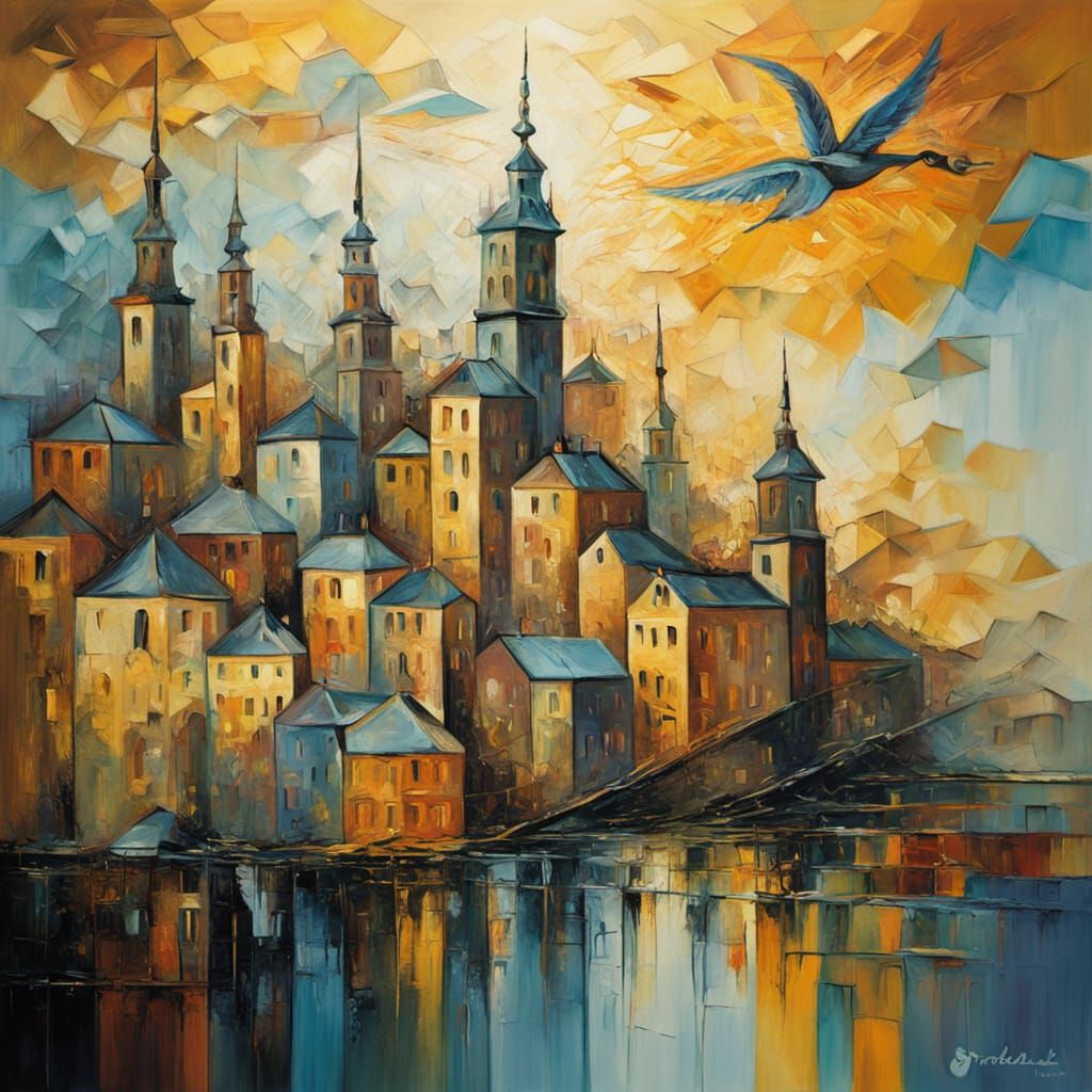 Vibrant Cityscape in Cubist Oil Painting Style