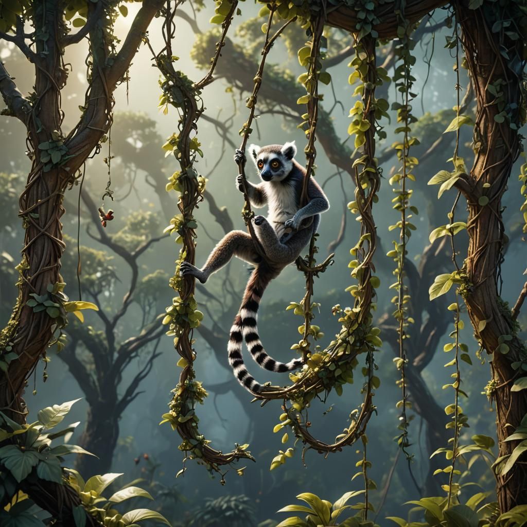 Lemur Swings Through Jungle Vines: Detailed Matte Painting