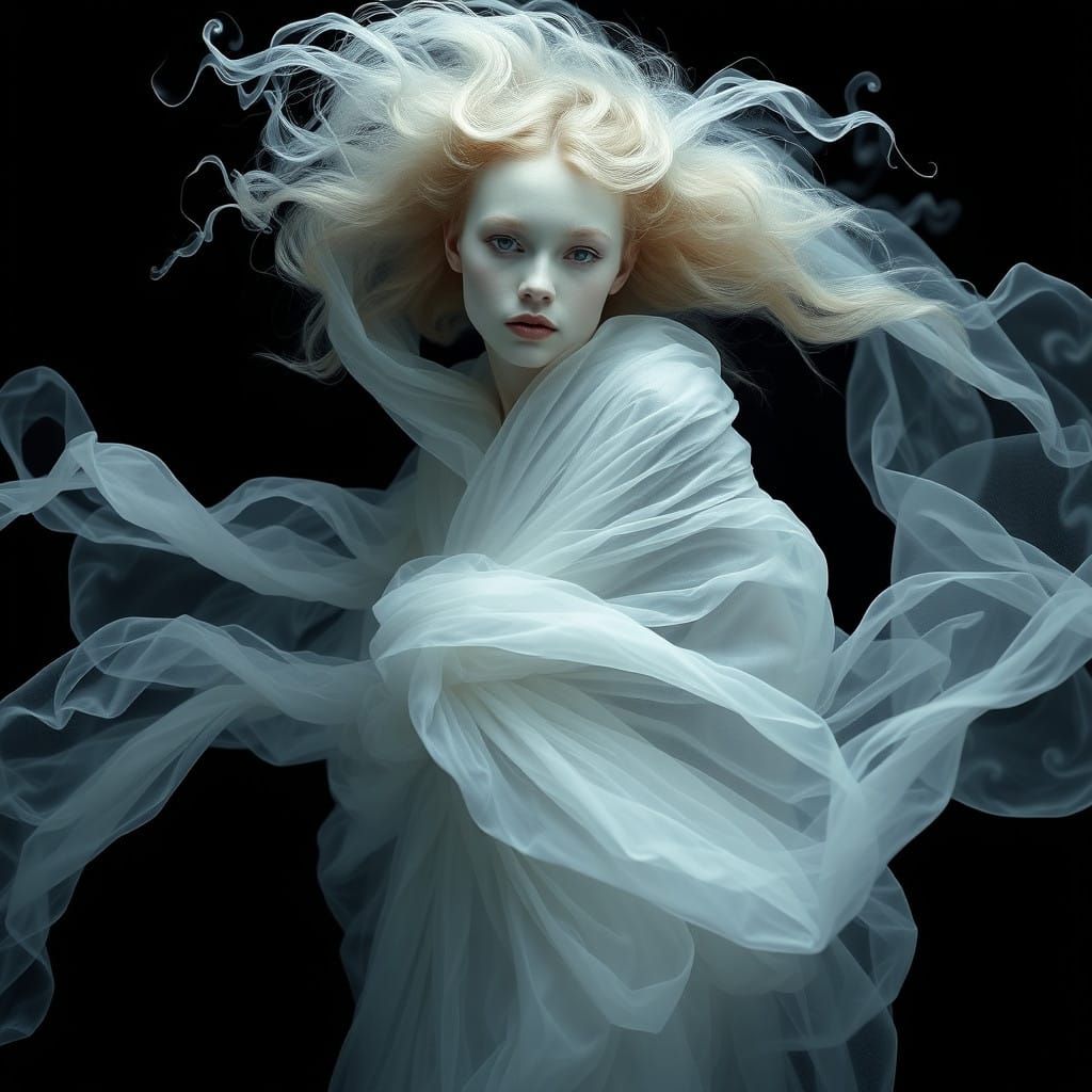Ethereal Woman in Flowing Fabrics, Serene Surrealist Scene