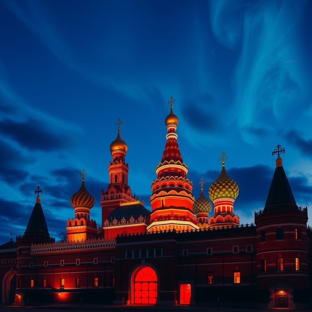 Surreal Kremlin at Dusk with Ornate Spires and Radiant Gates