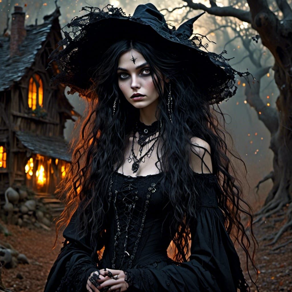 Goth Witch in Mystical Village, Photorealistic Art