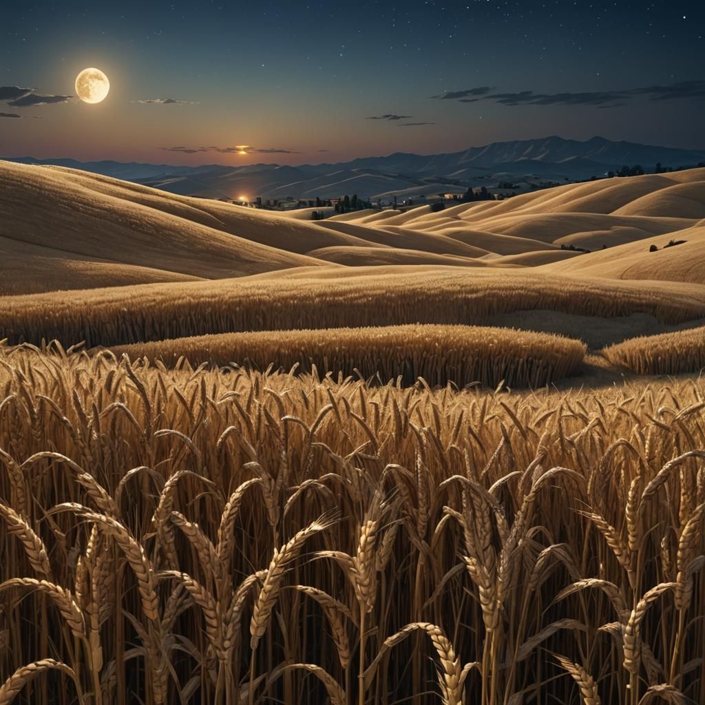Golden Wheat Fields Under Moonlight: Digital Matte Painting