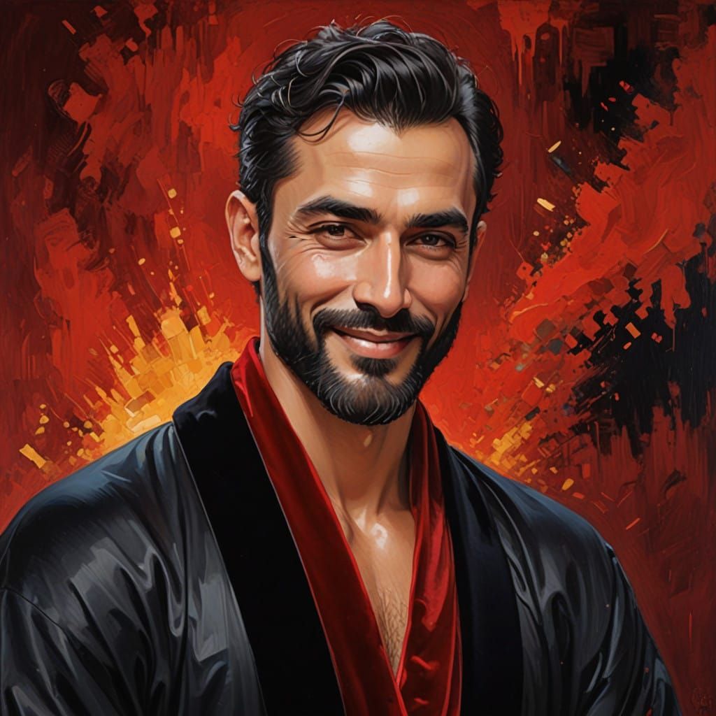 Handsome Bearded Man in Velvet Bathrobe