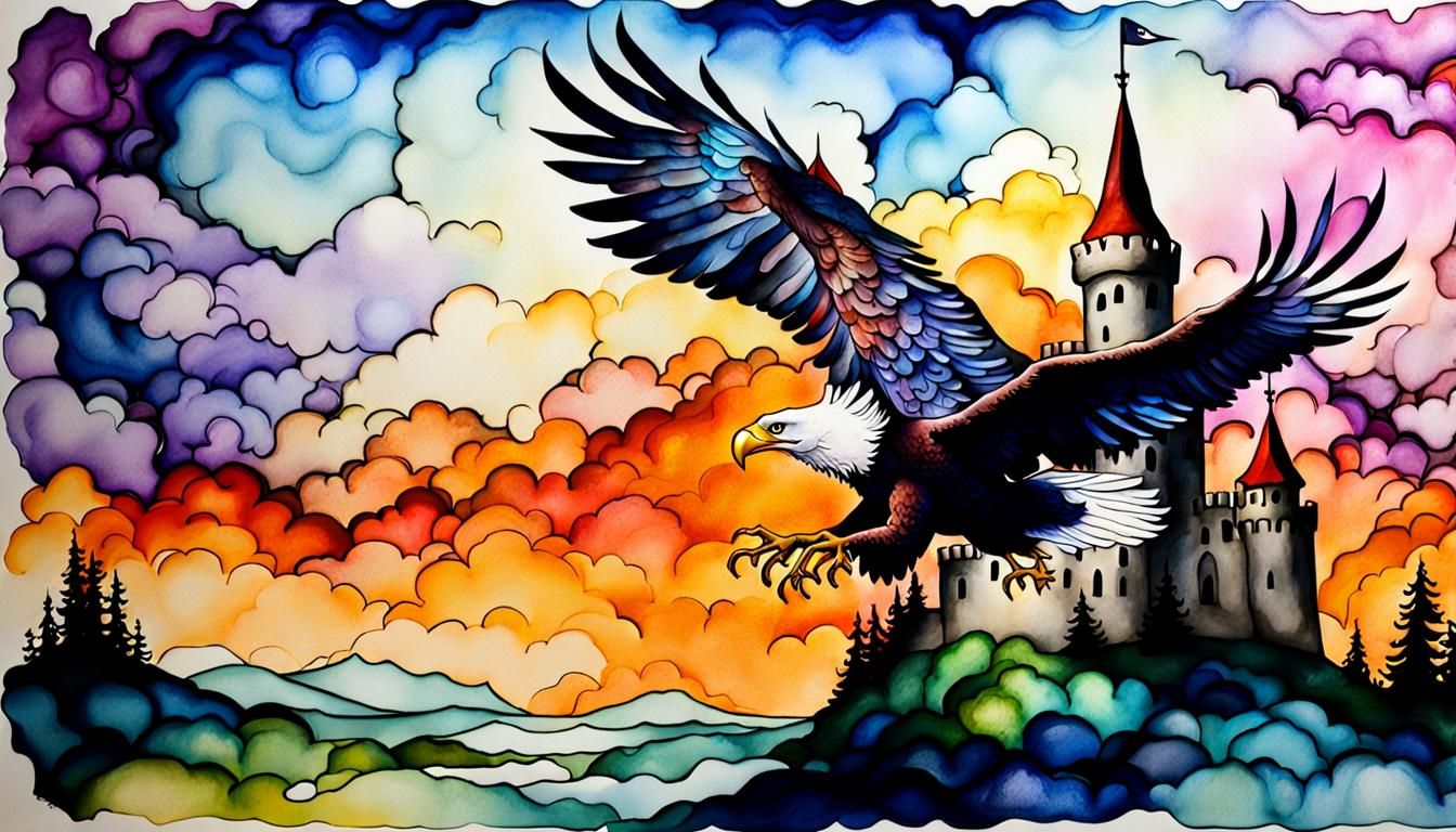 Eagle Flight Over Castle: Cel-Shaded Surreal Expressionism