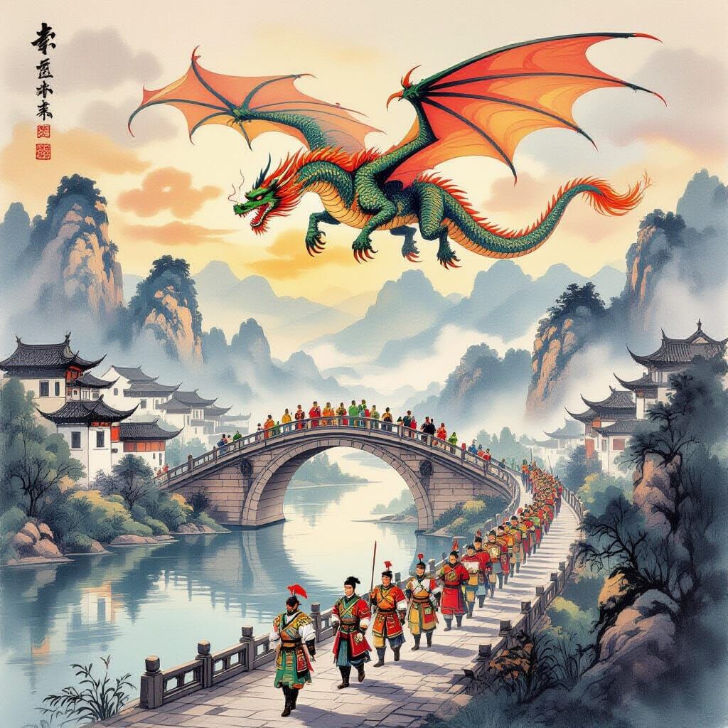 Dragon Soars Above Chinese Landscape in Ink Wash Painting