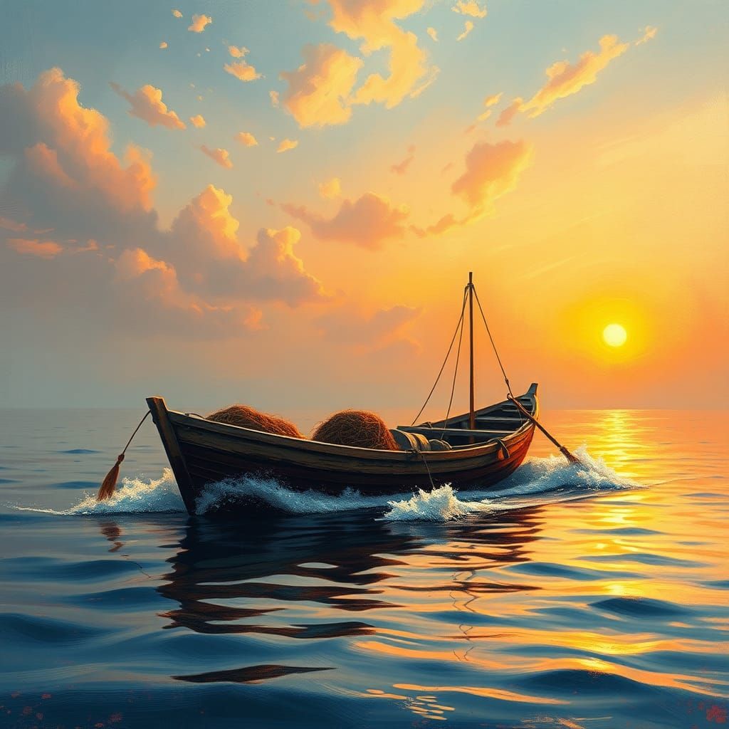 Fishing Boat at Sunrise: Impressionistic Lake Scene