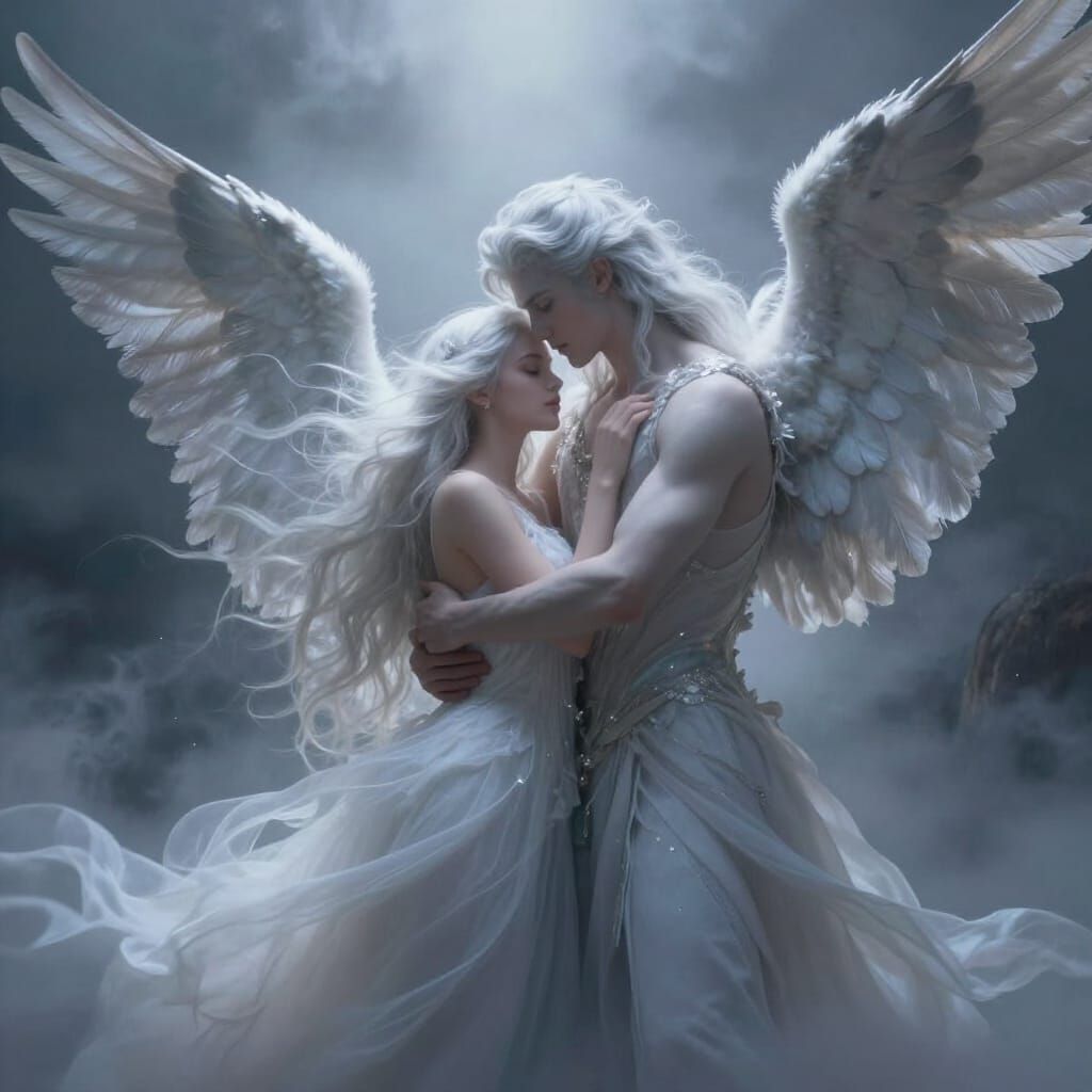 Divine Embrace: Angels in Ethereal Fog