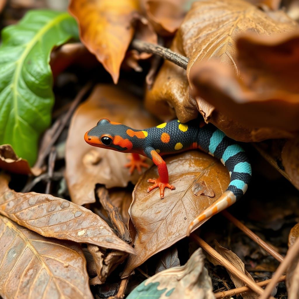 Vibrant Salamander Hides Among Autumn Leaves