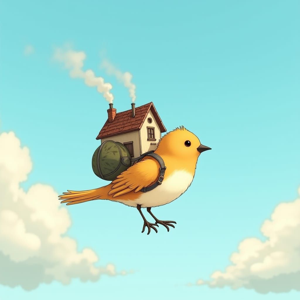 Bird Carrying House in Dreamlike Sky, Whimsical Art