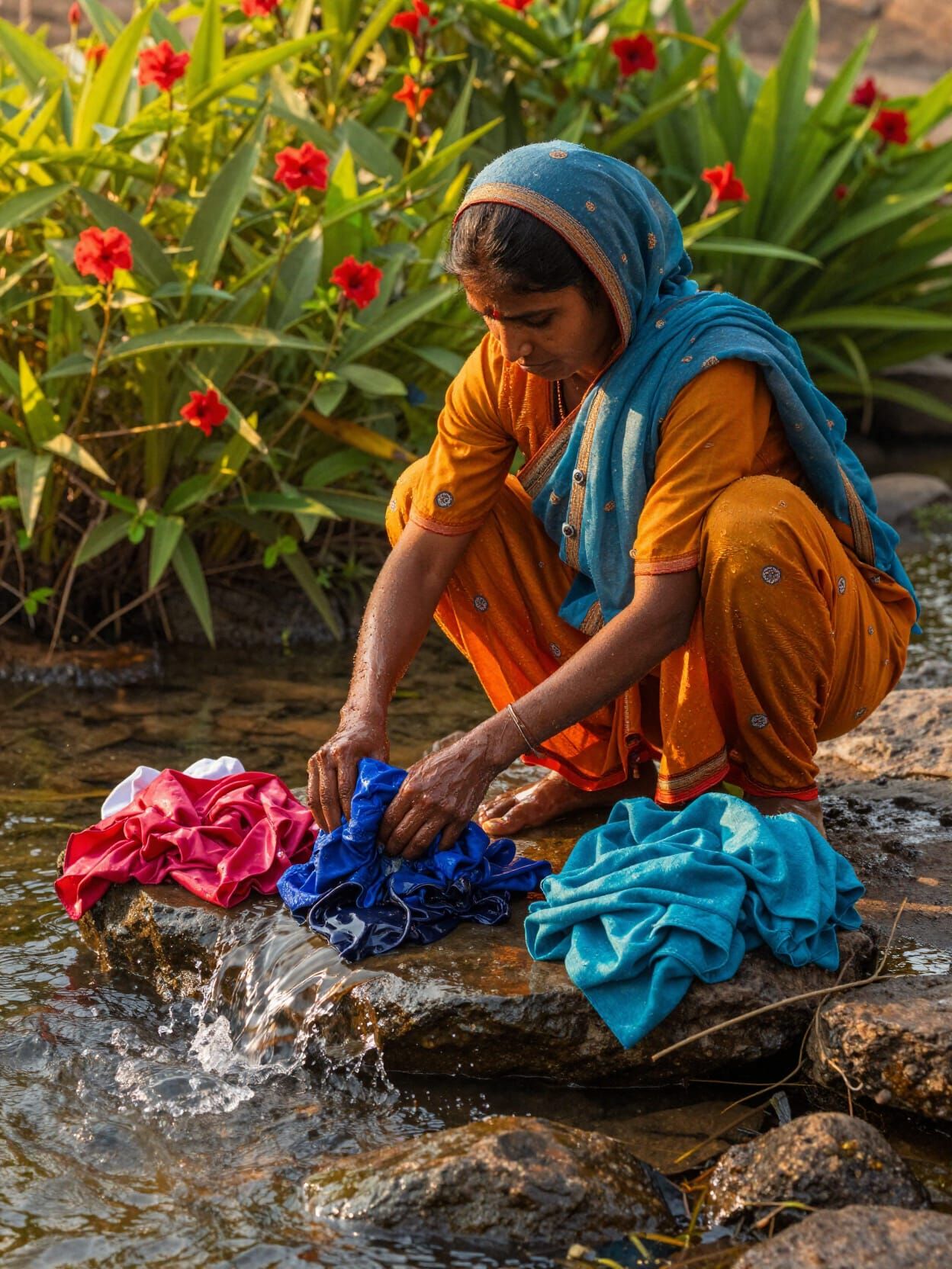 Woman Washes Clothes by River in Golden Sunlight