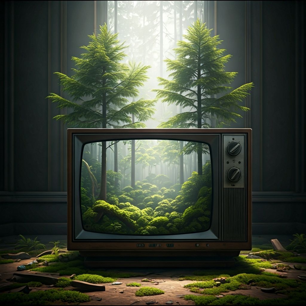Forest Ecosystem Inside Discarded TV in Hyperrealism
