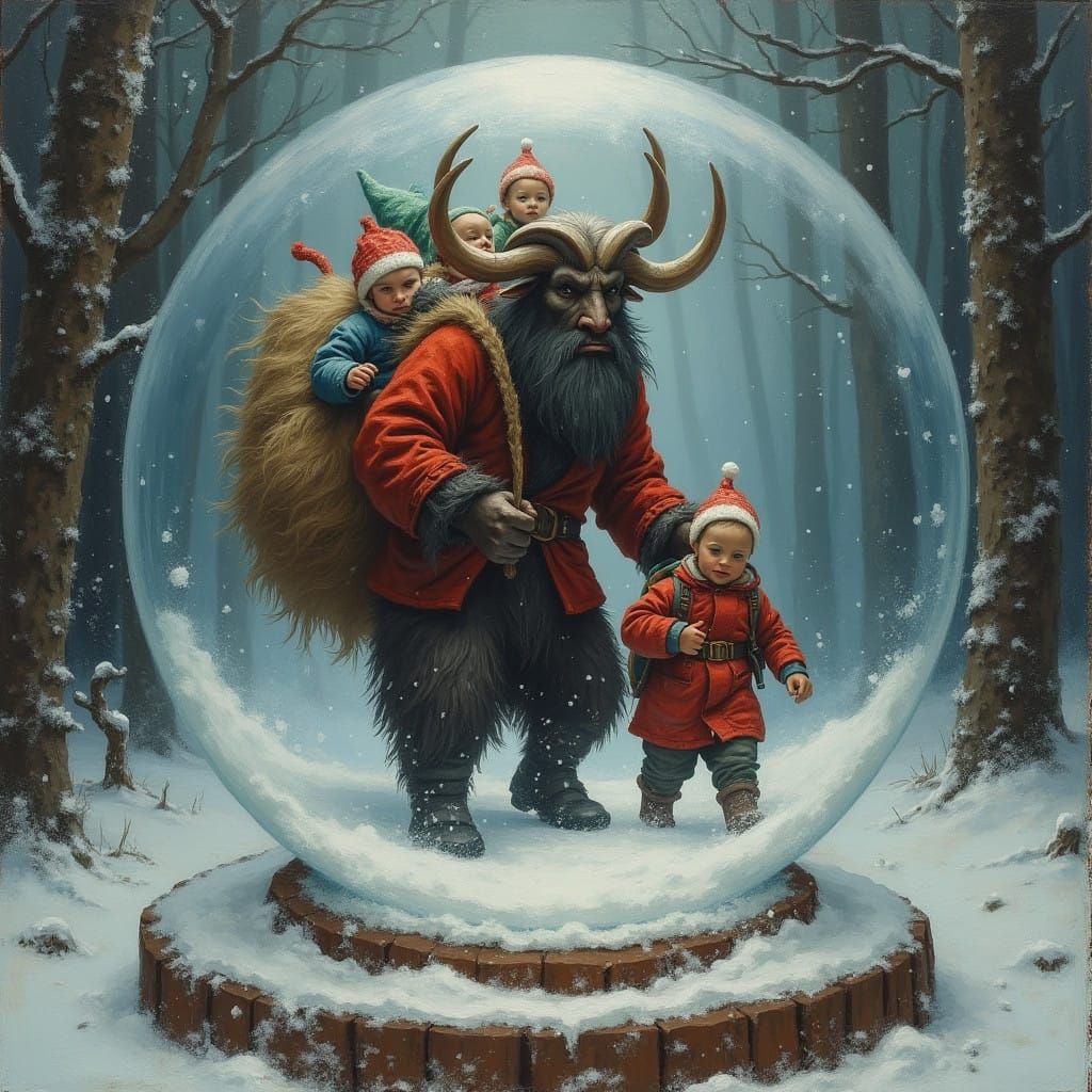 Krampus in a Snowy Landscape as Oil on Canvas