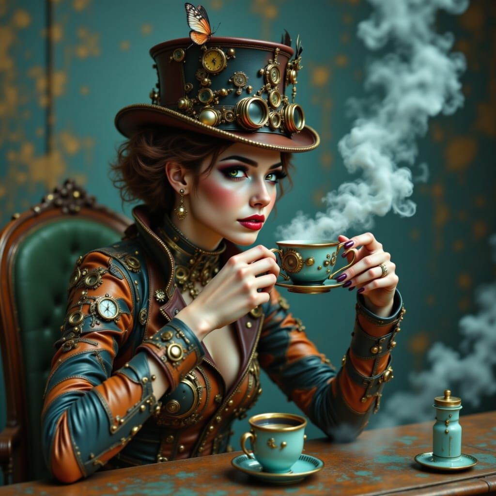 Steampunk Lady Sipping Tea in Surreal Setting