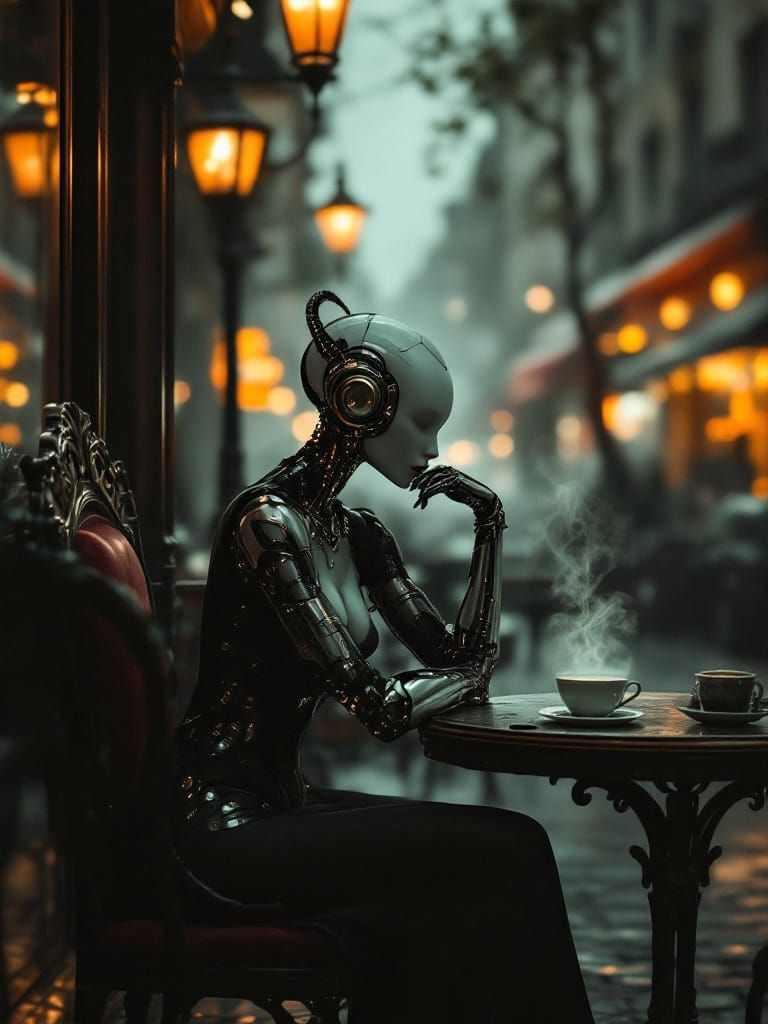 Cyborg in Parisian Cafe: Gothic Surrealism