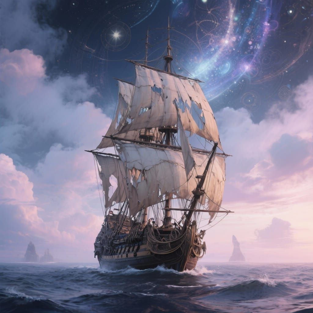 Majestic Ghost Ship on Surreal Dreamlike Ocean