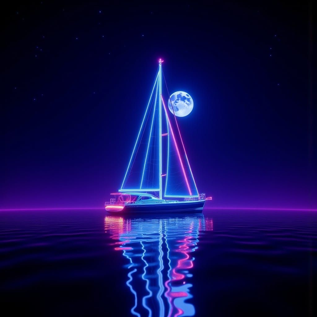 Neon Sailboat Glides on Glassy Sea
