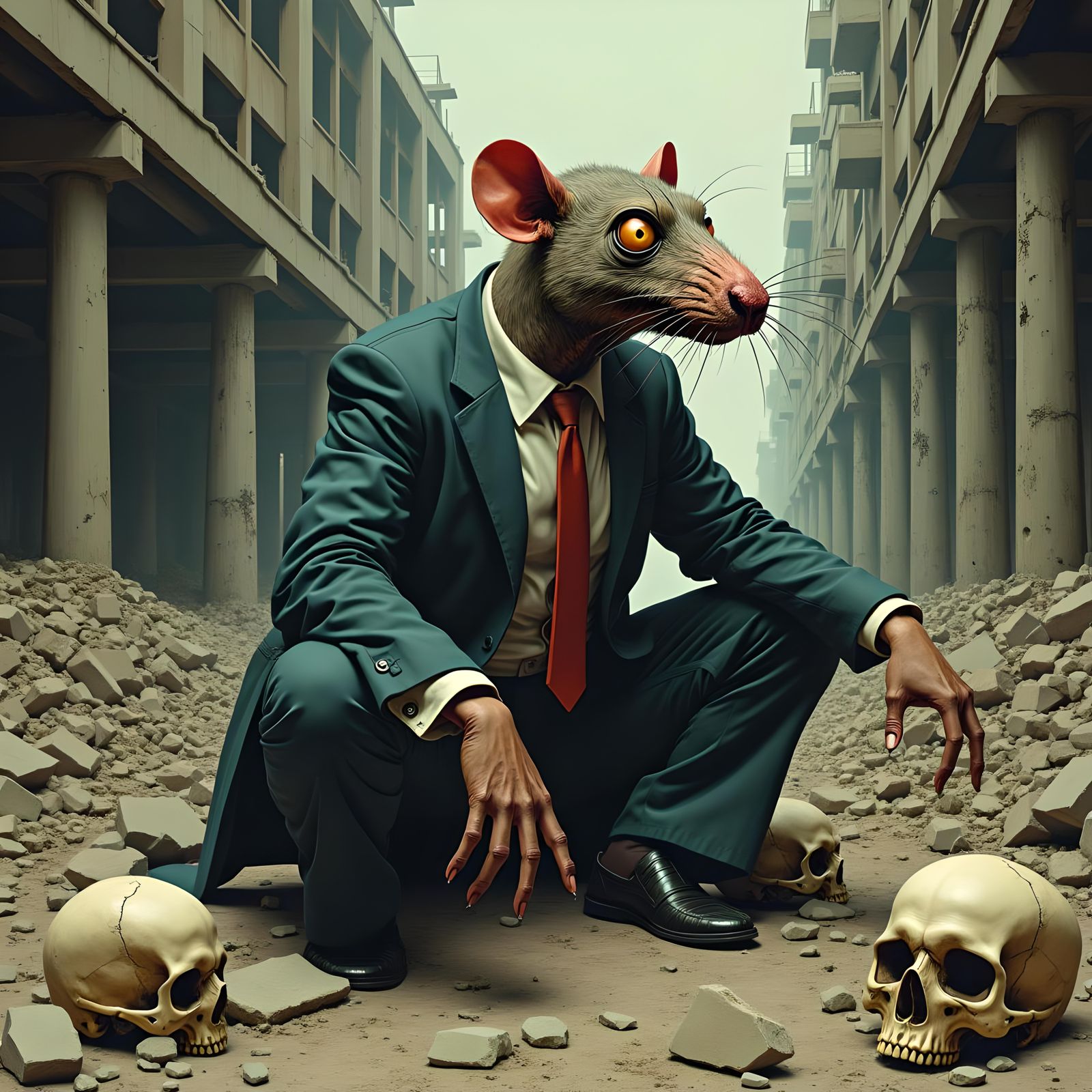 Rat Politician in Post-Apocalyptic Cityscape