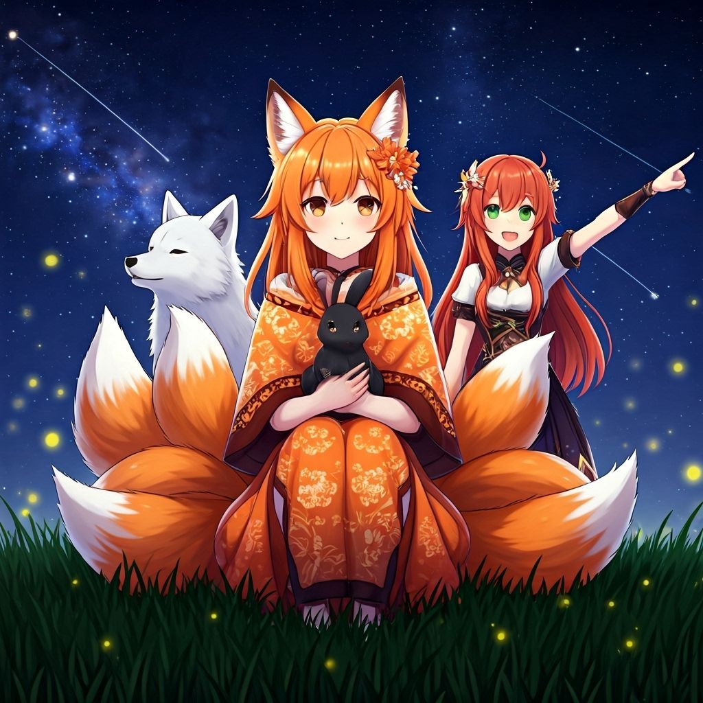 Anime Fox Girl, Wolf, and Bunny Under Stars