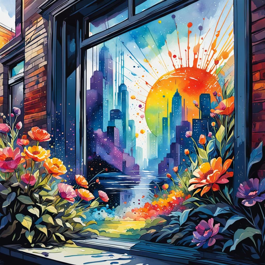 Vibrant Watercolour Flowers with Graffiti Art