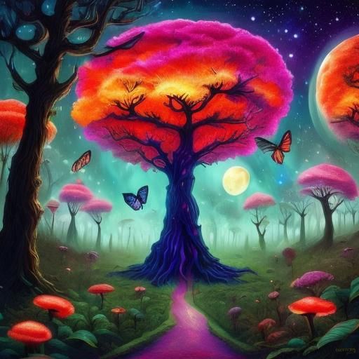 Surreal Bed in Neon Forest, Salvador Dali Style