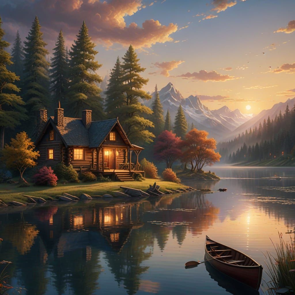 Ethereal Lakeside Cabin in Golden Light: Dreamy Fantasy