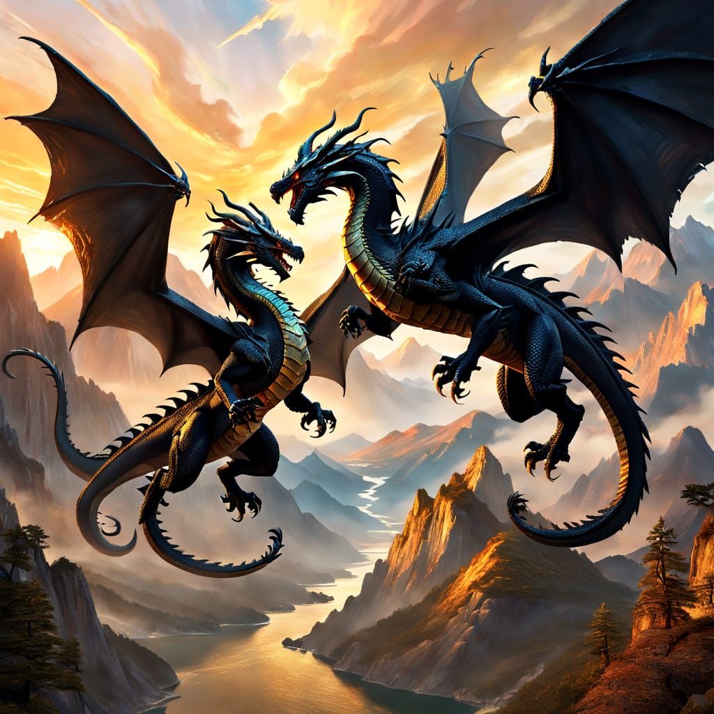 Majestic Black Dragons Soaring in Mystic Landscape as Impast...