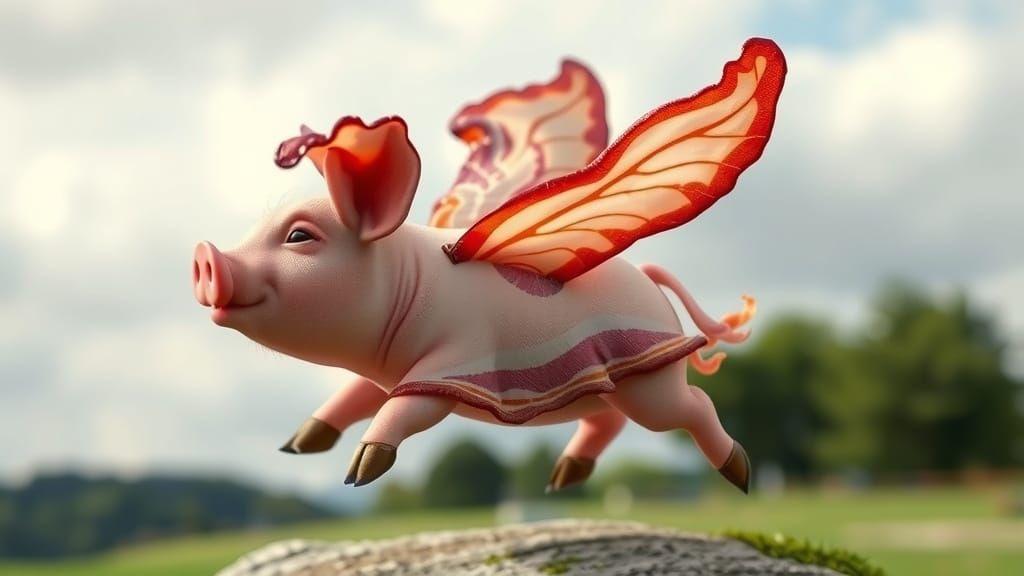 Cute Bacon Pig Soars with Butterfly Wings in a Delightful Me...