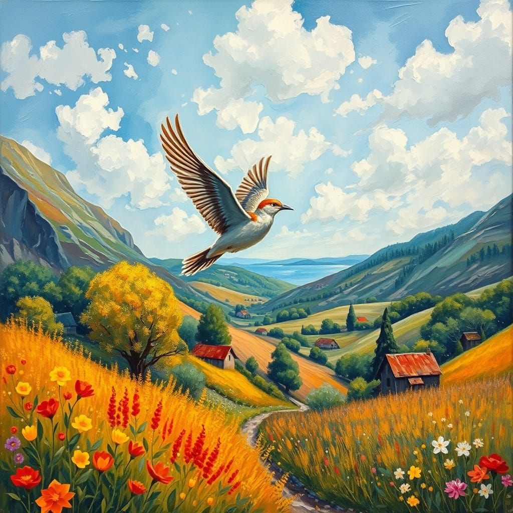 Joyful Bird Soars Through Vibrant Impressionist Countryside