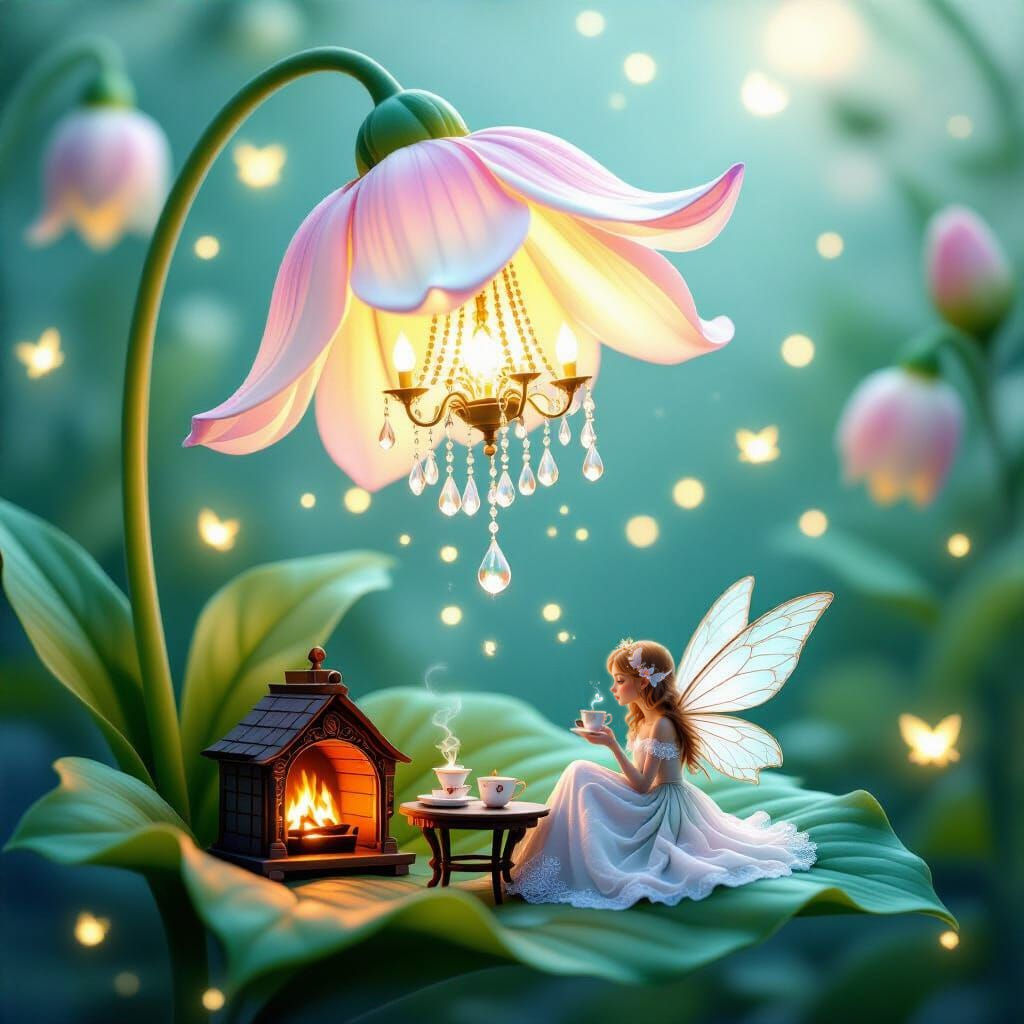 Fairy Tea Party Under a Glowing Flower