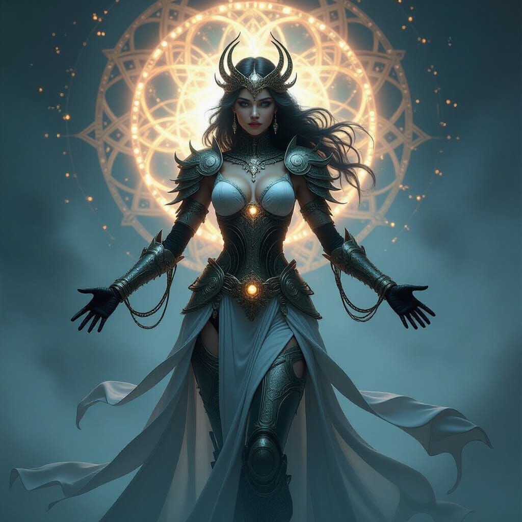 Biomechanical Goddess Emerges from Nebula in Ethereal Style