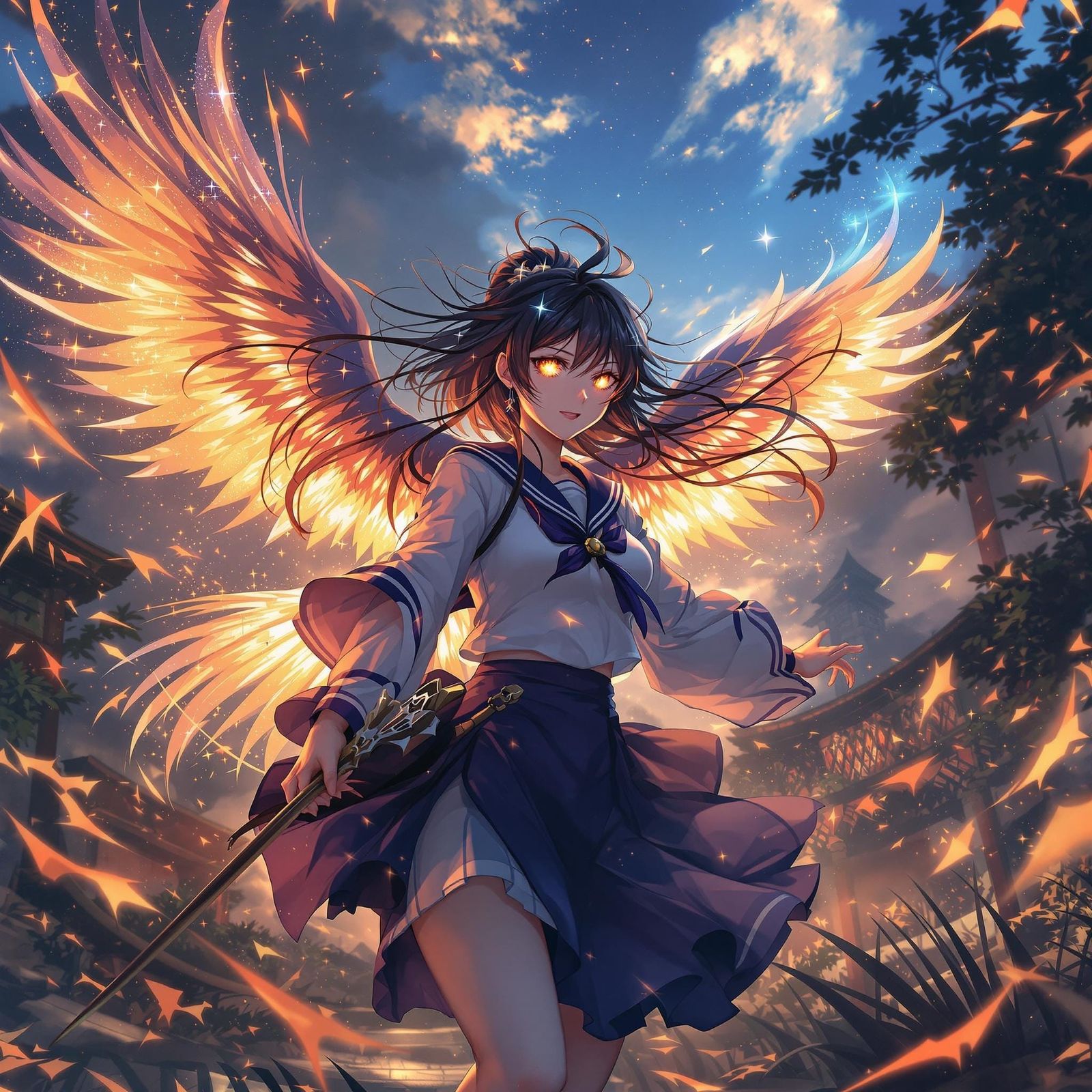 Anime Schoolgirl with Phoenix in Feudal Japan