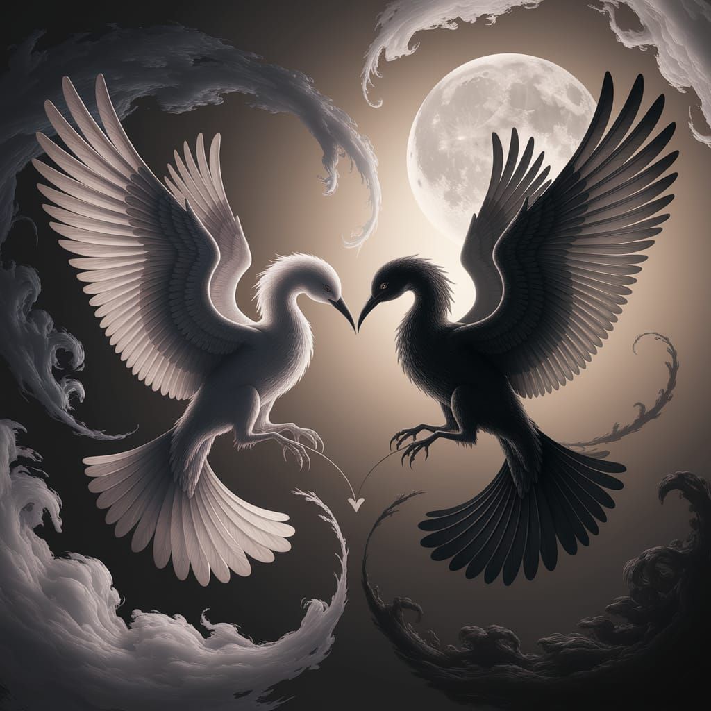 „Zwei Seelen, schwarz und weiß, tanzen im Mondlicht – verbunden durch Liebe, getrennt durch Licht.“