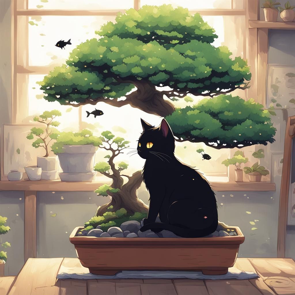 Black Cat and Fish Bonsai in Anime Style