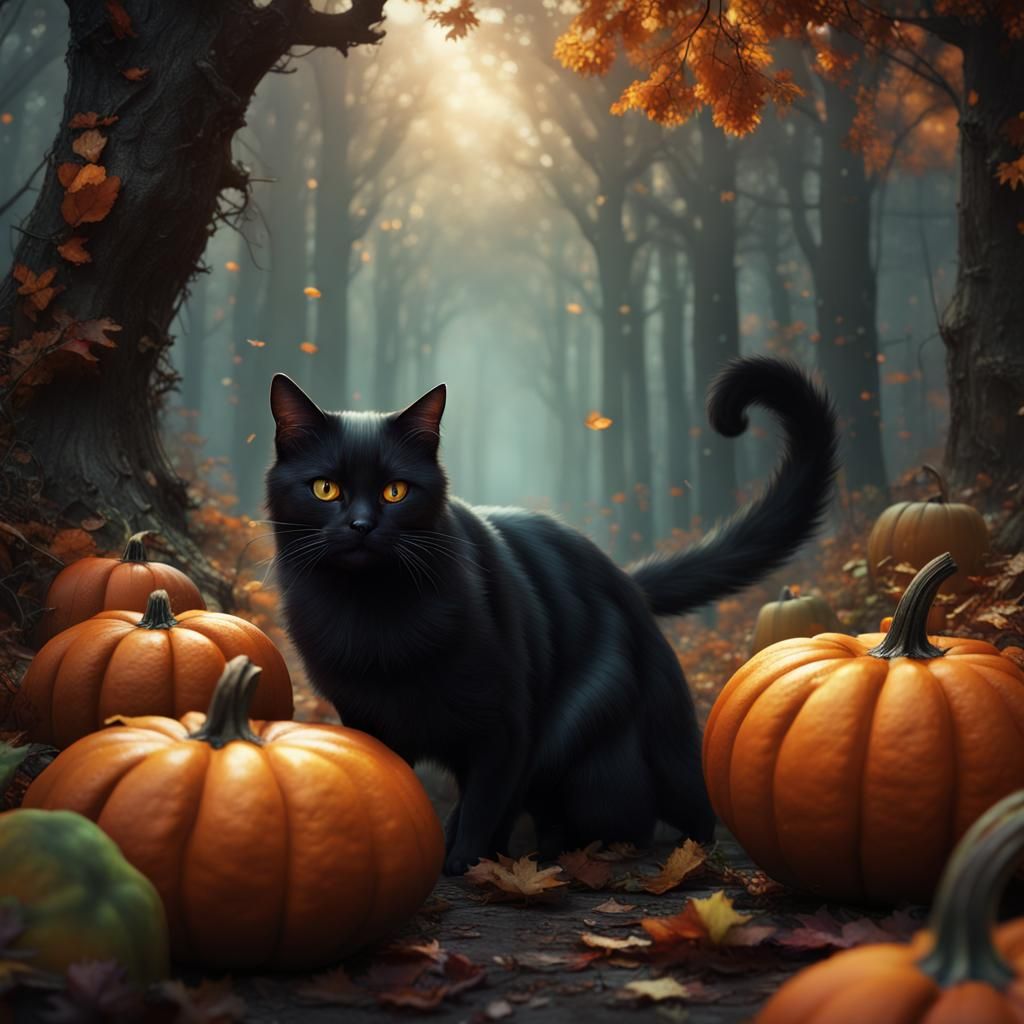 Black Cat's Pumpkin Feast in Fantasy Forest