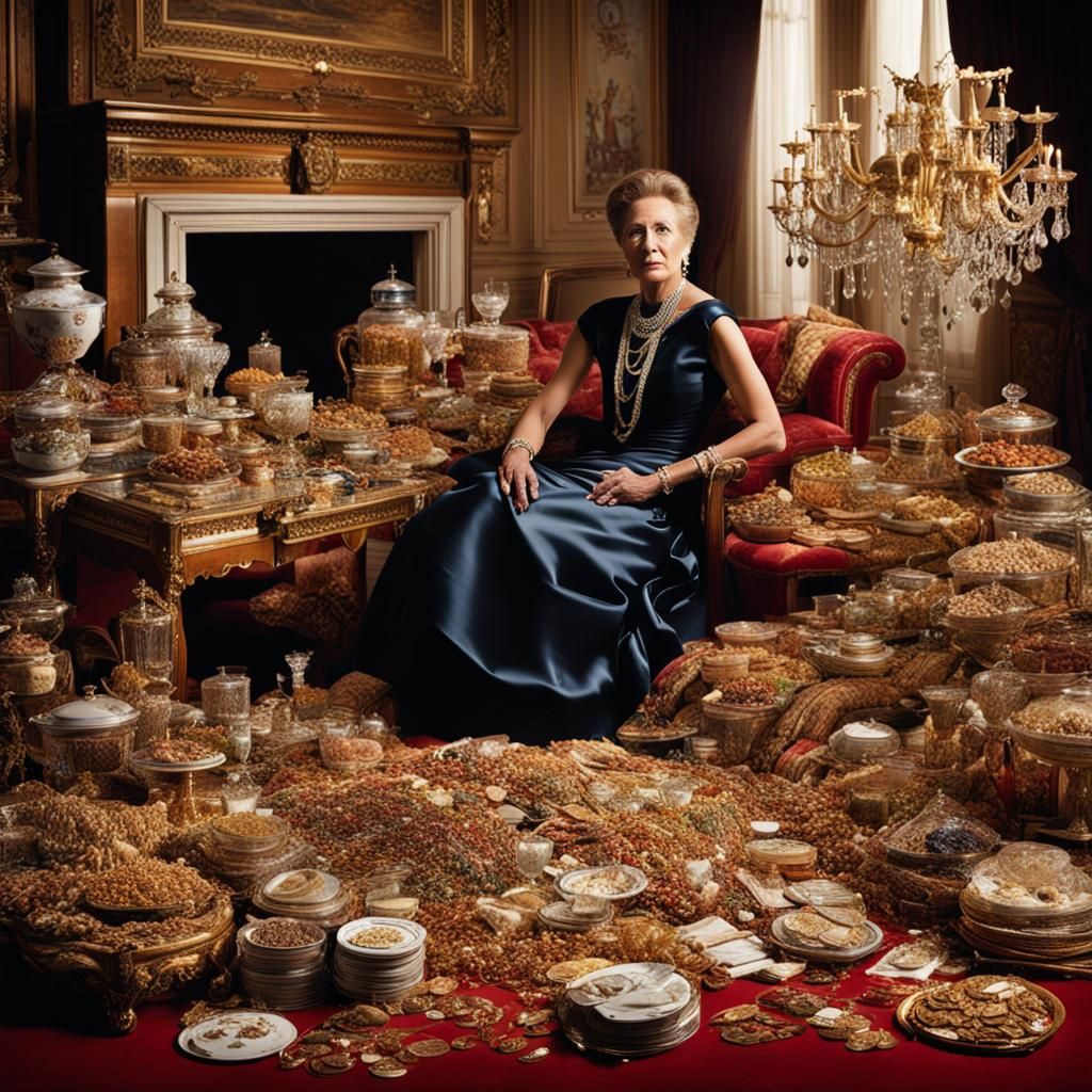 Opulent Woman Amidst Symbols of Her Wealth