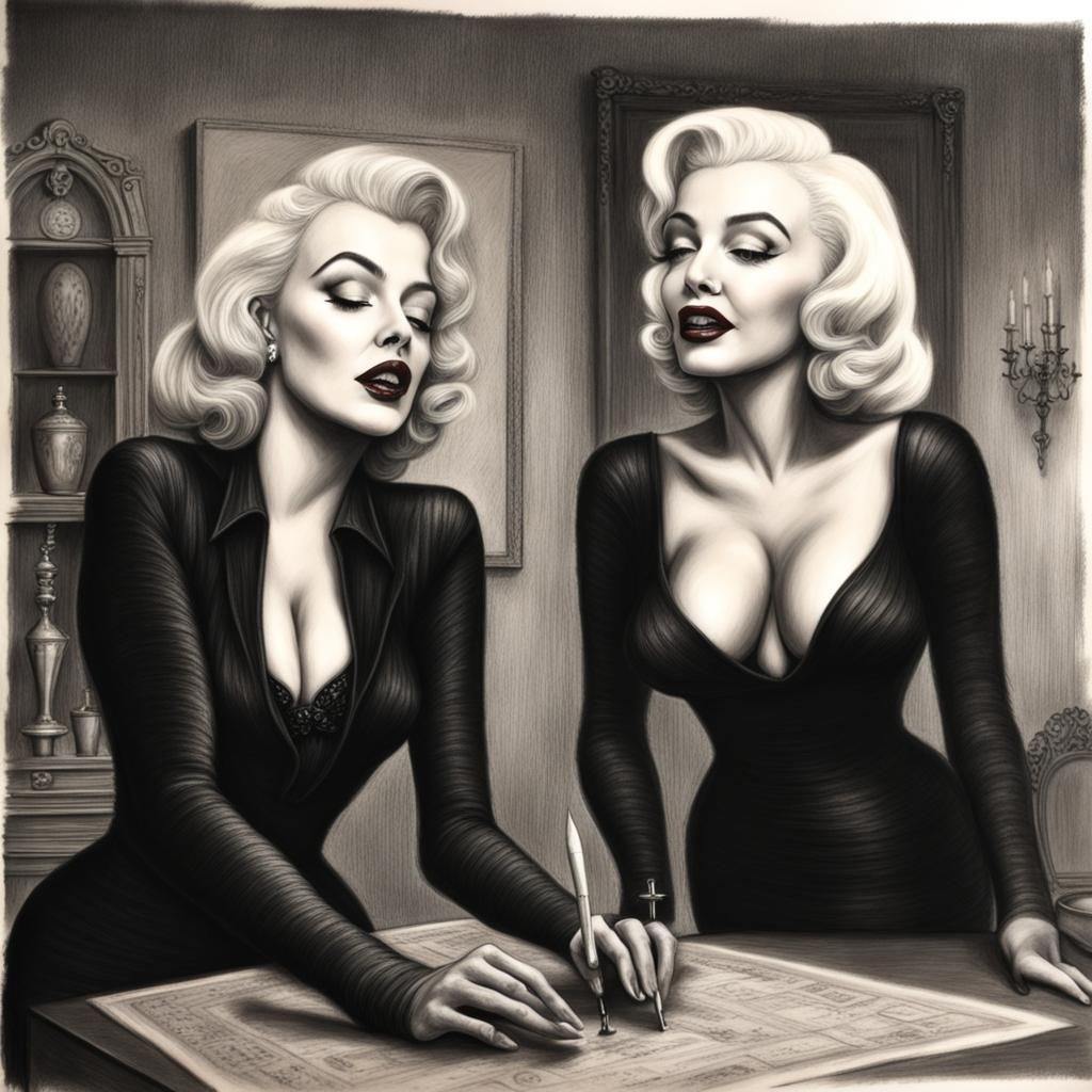 Morticia Addams Teaches Marilyn Monroe: Charcoal Art