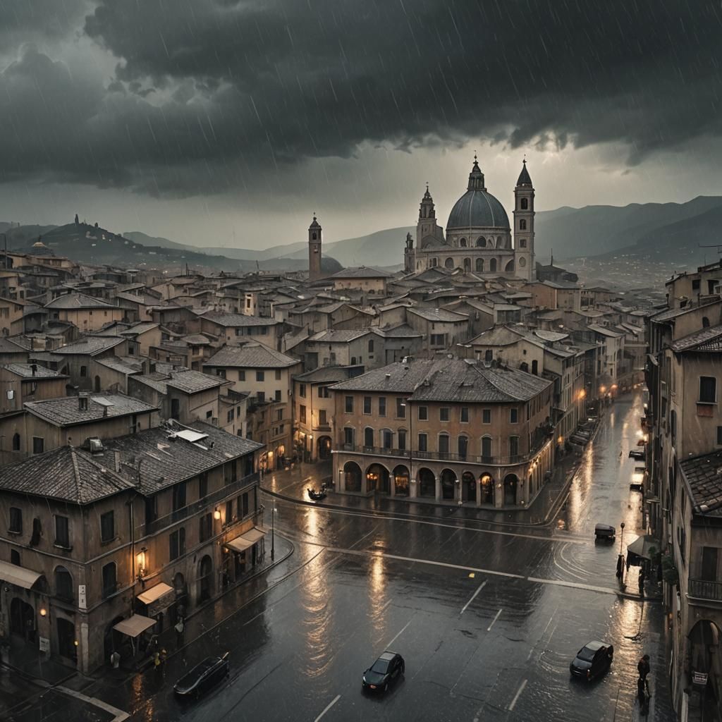 Gloomy Italian Cityscape in Pouring Rain