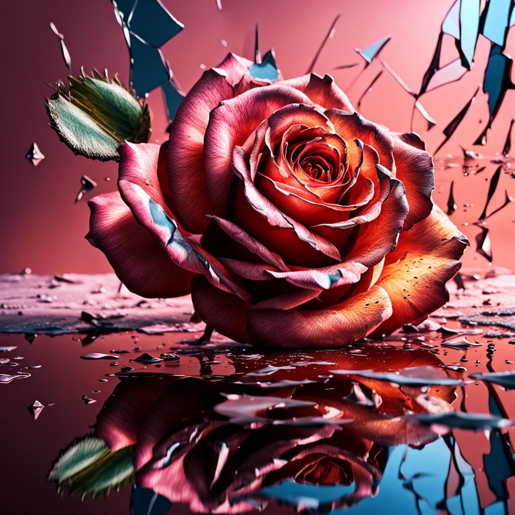 Hyperrealistic Shattered Rose Reflection in Splash Art Style