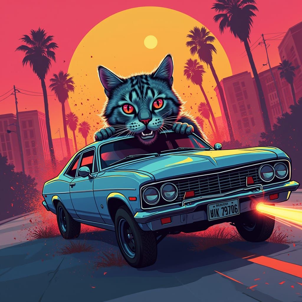 Grand Theft Cat: A Cyberpunk Pop Art Masterpiece in Triadic...