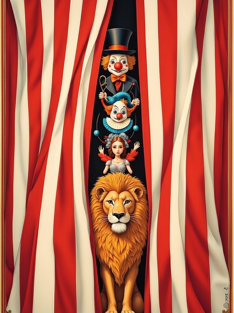 Vibrant Stained Glass Style Circus Scene with Curious Charac...